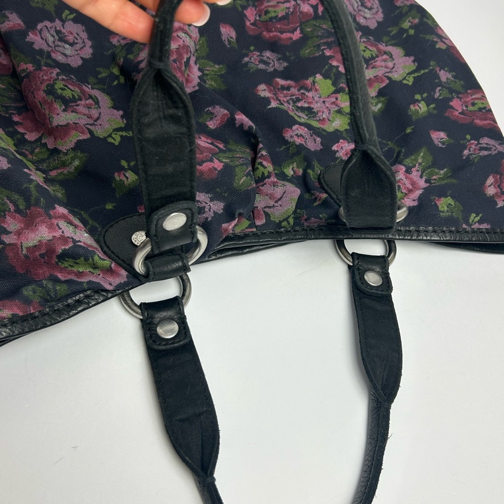 Vintage LUCKY Hobo Floral Cotton Black Tote Bag Leather Trim and Straps - Picture 5 of 12
